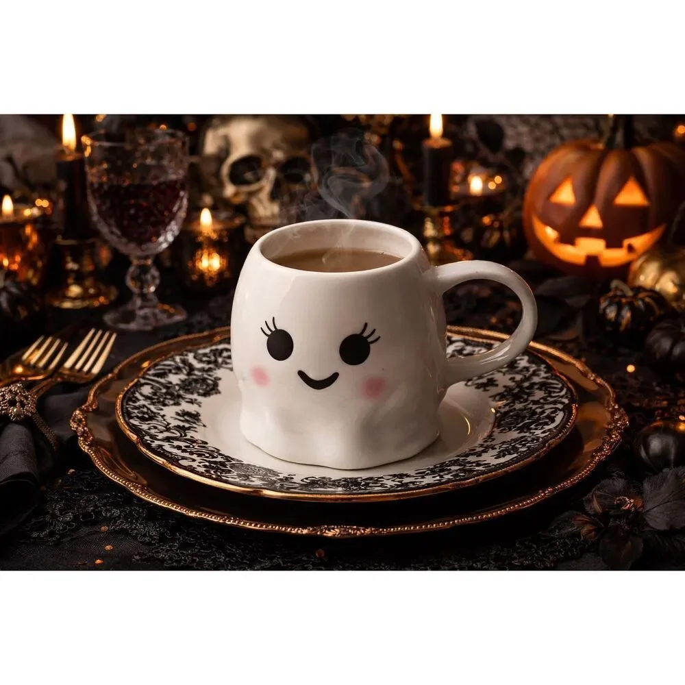 Williams Sonoma Hand-Painted Ghost Mug 19oz Halloween Stoneware Rosy Cheeks NWT